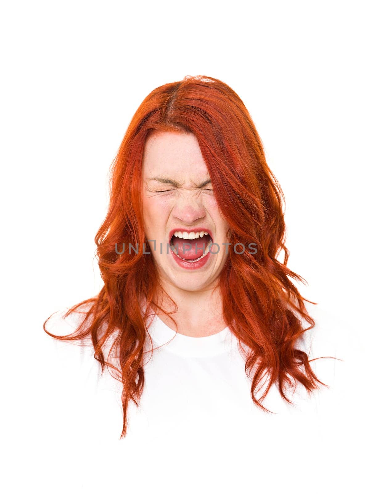 Woman with red hair isolated on white background