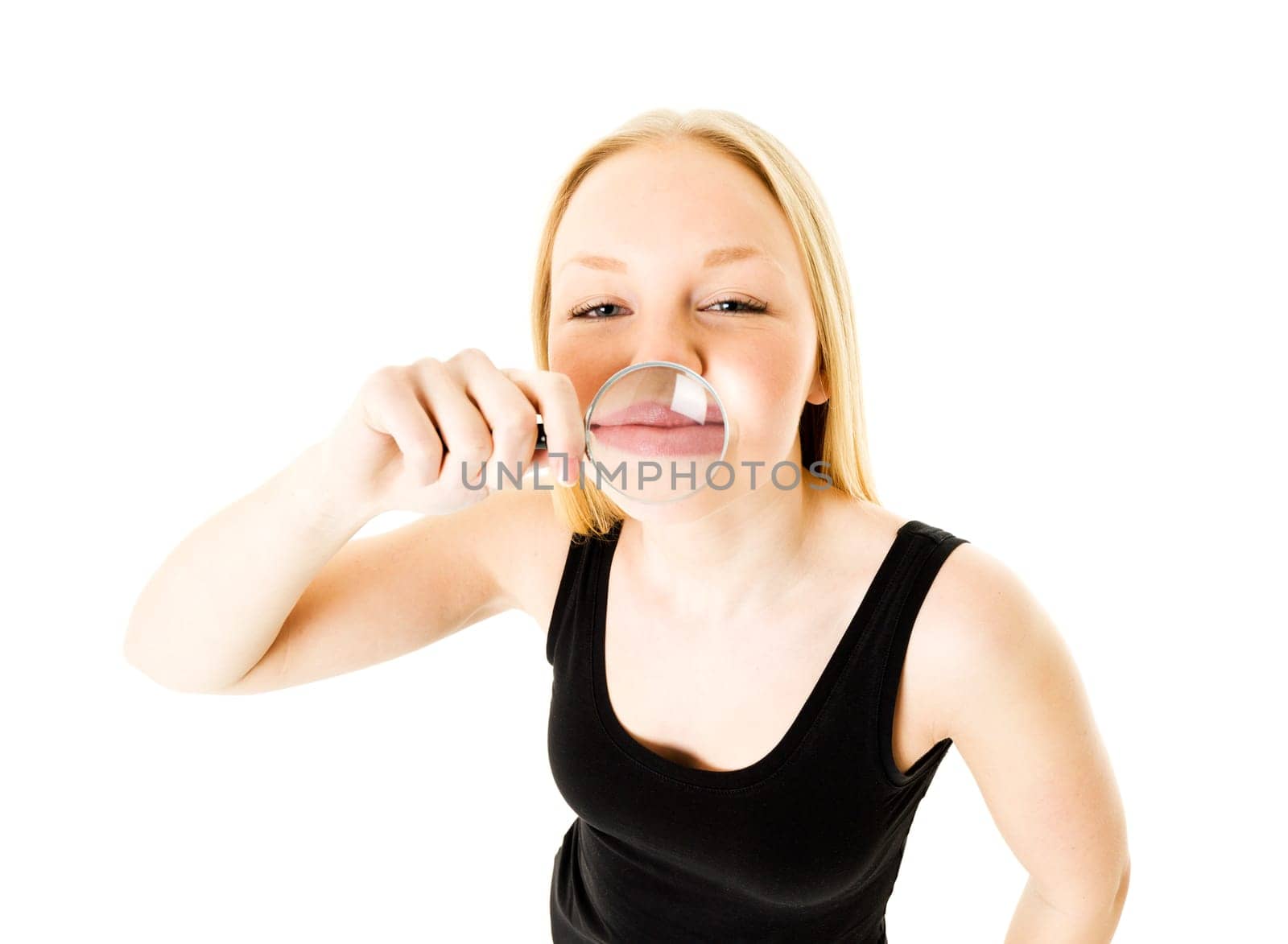 Girl with a Magnifying Glass in front of her mouth