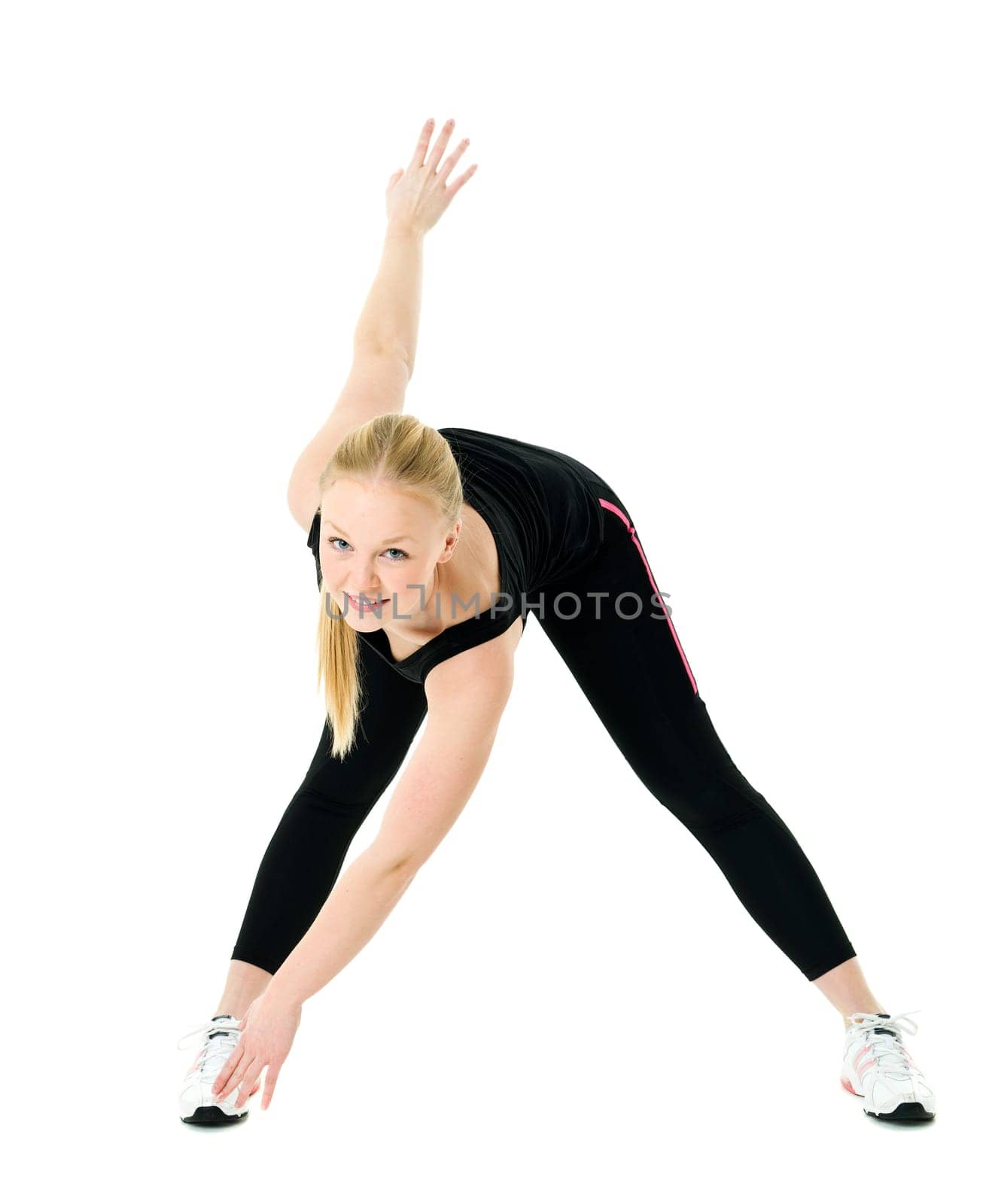 Young woman doing aerobics isolated on white background