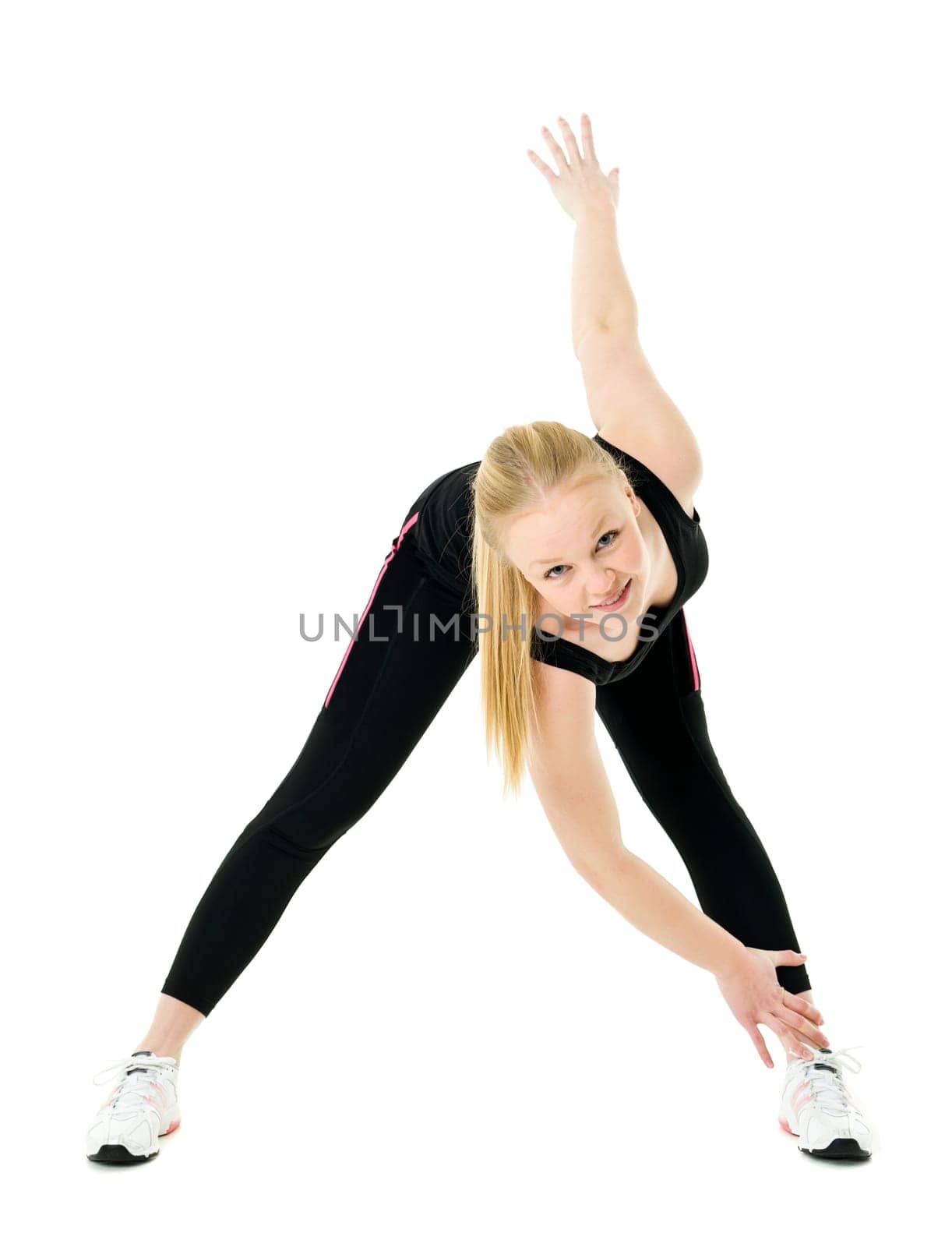 Young woman doing aerobics isolated on white background