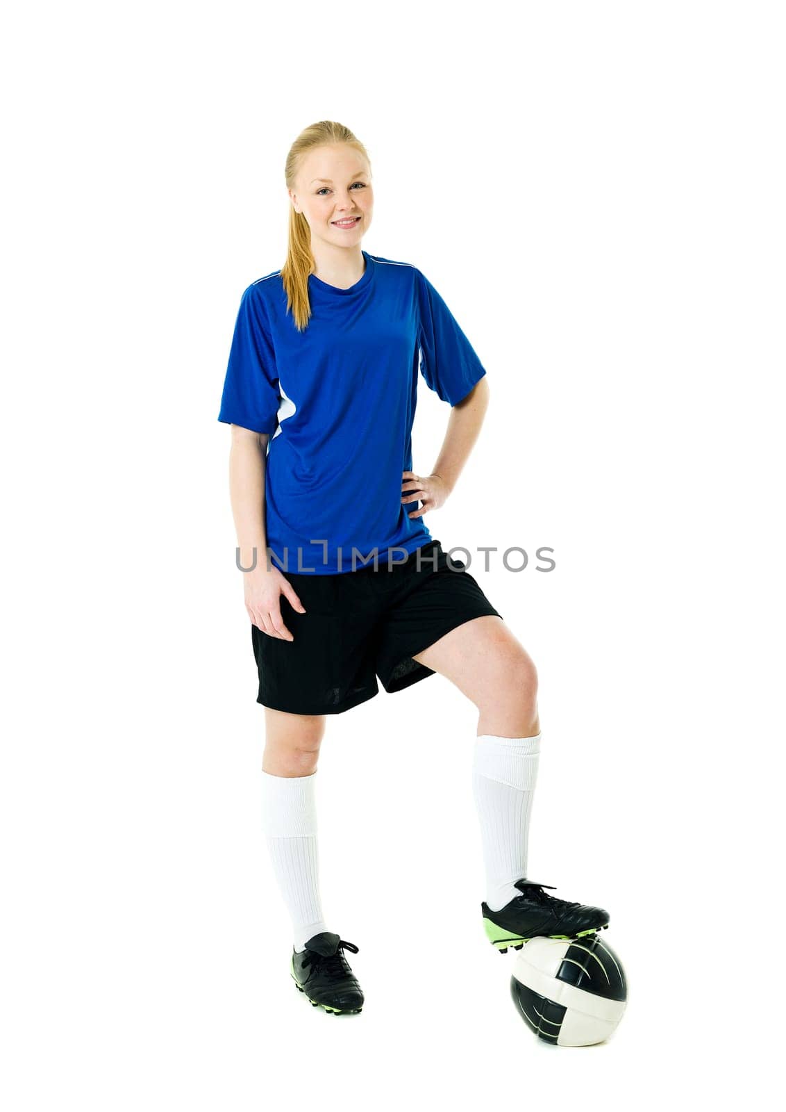 Blond soccer woman isolated on white background