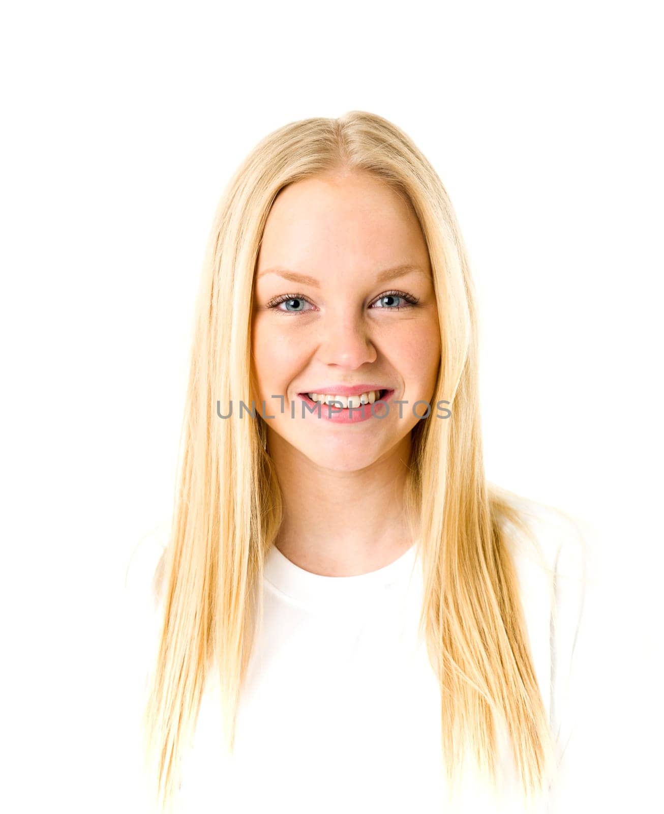 Portrait of a blond woman isolated on white background