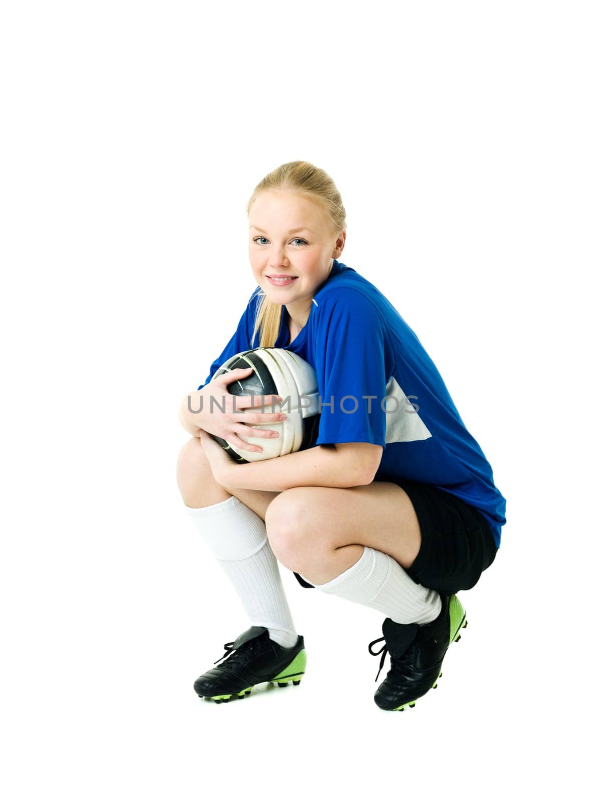 Blond soccer woman isolated on white background