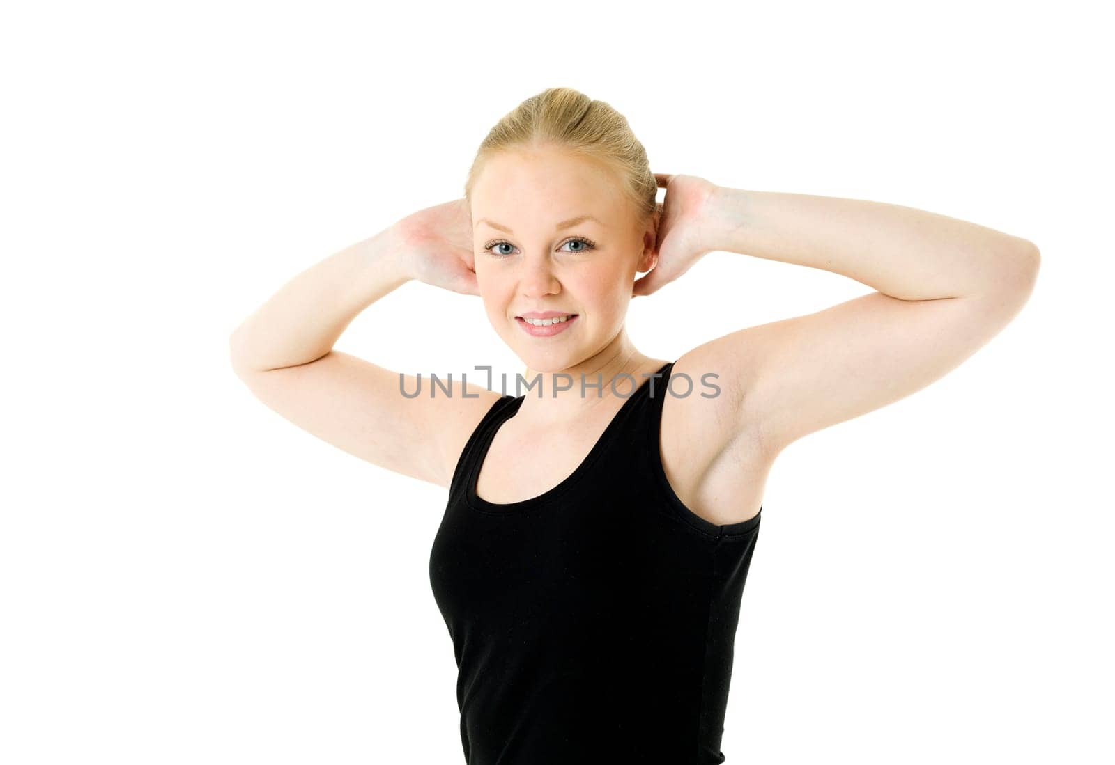 Young blond woman working out isolated on white background