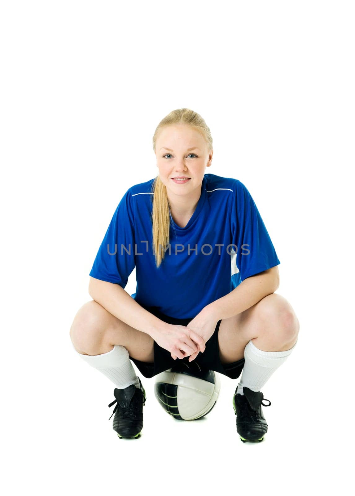 Blond soccer woman isolated on white background