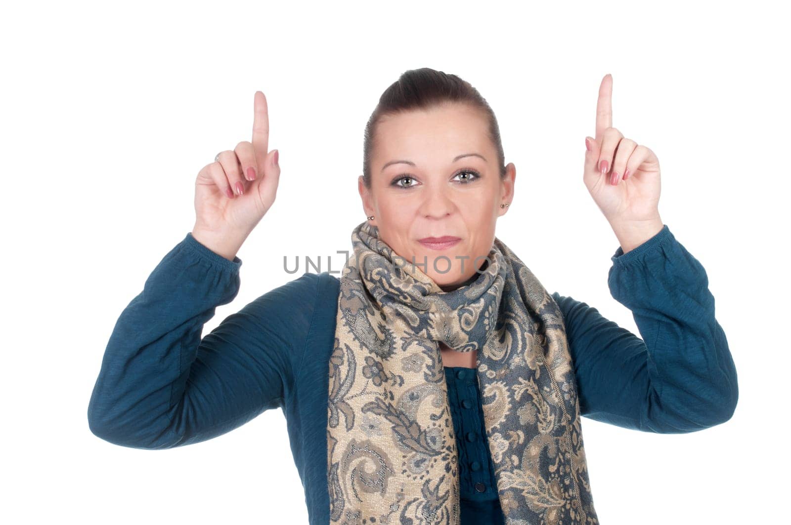Young woman pointing up