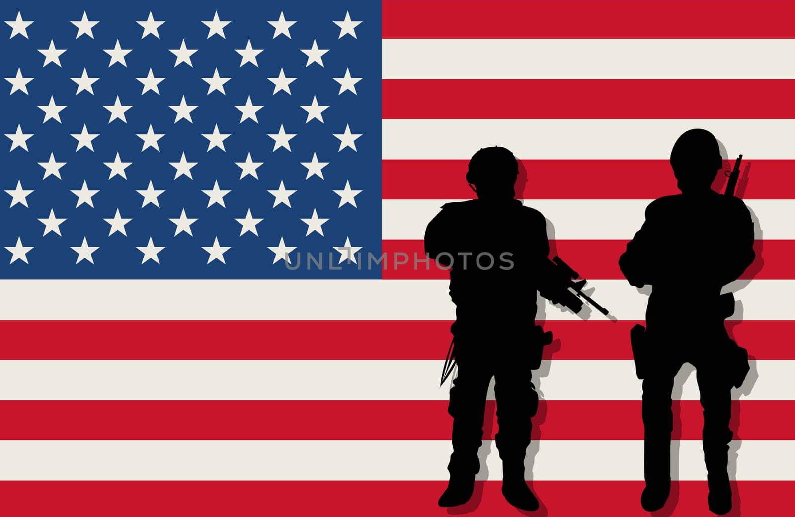 Armed soldiers silhouettes over american flag background