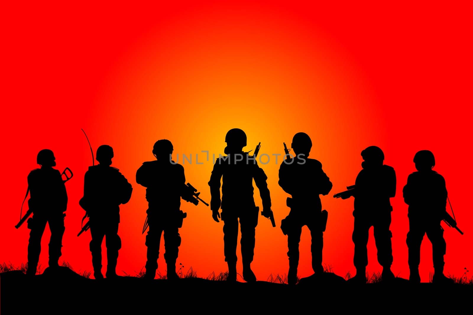 Soldiers silhouettes on a filed in the sunset