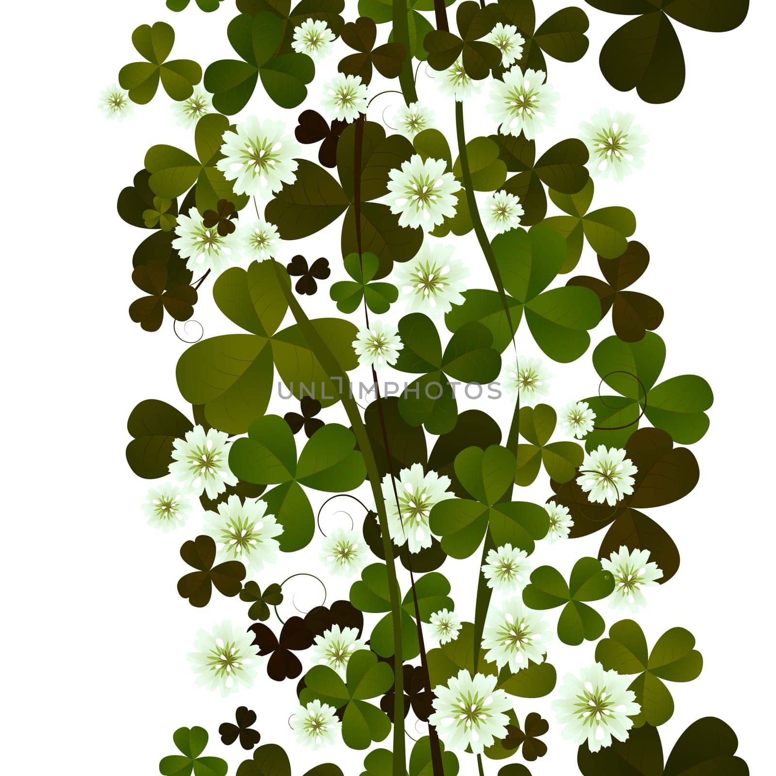 Clover leaves and flowers seamless tile on white.