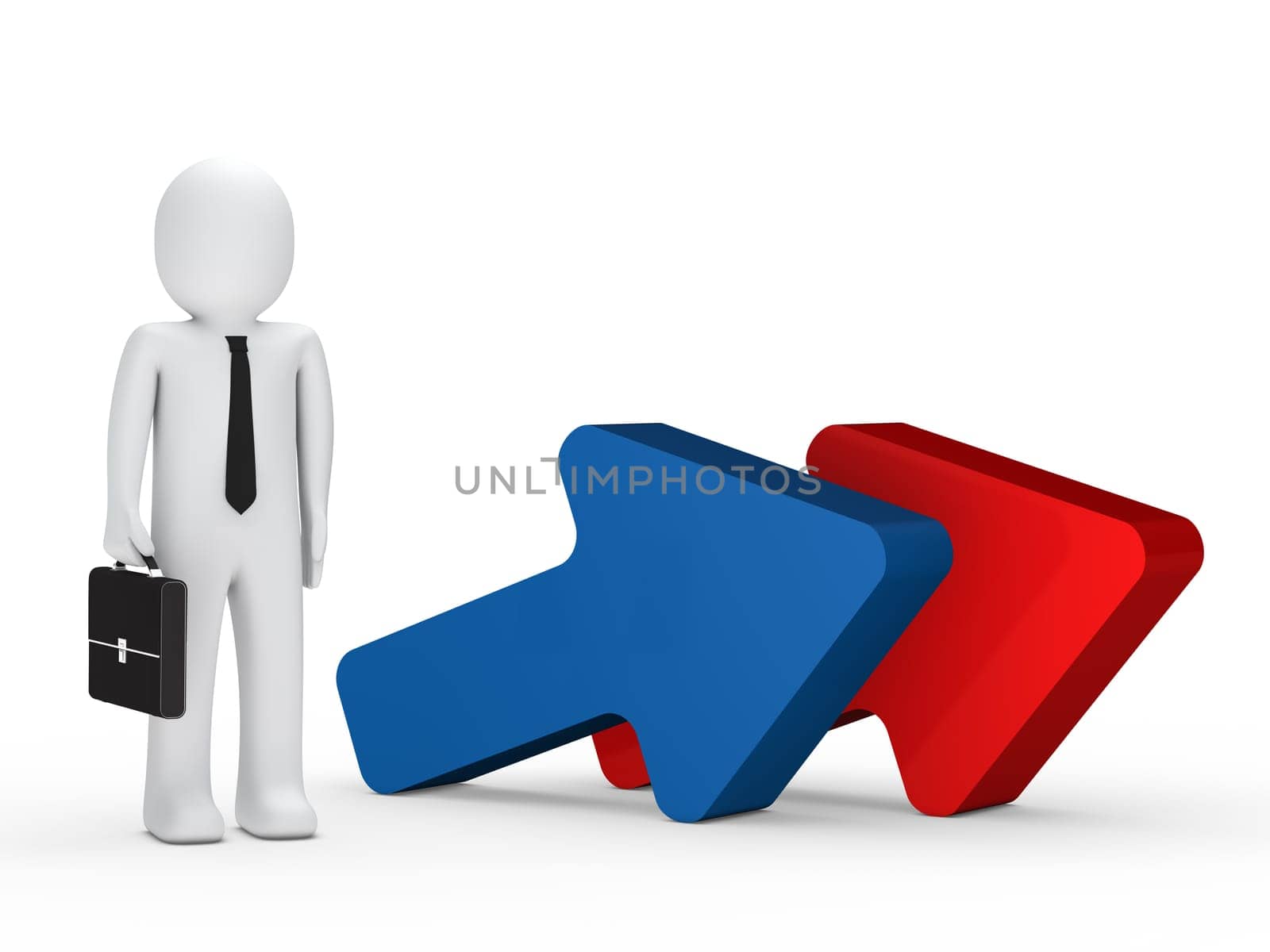 business man with briefcase stand next arrow