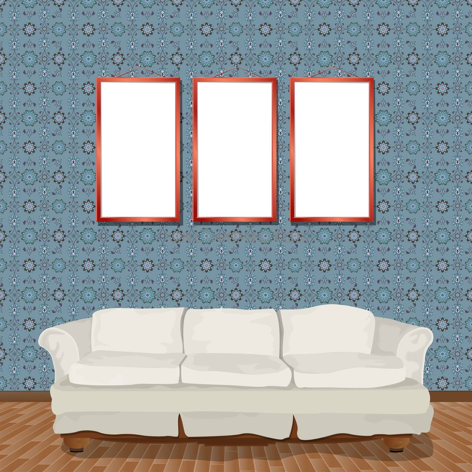 Illustration of room with white frames and stylish white sofa