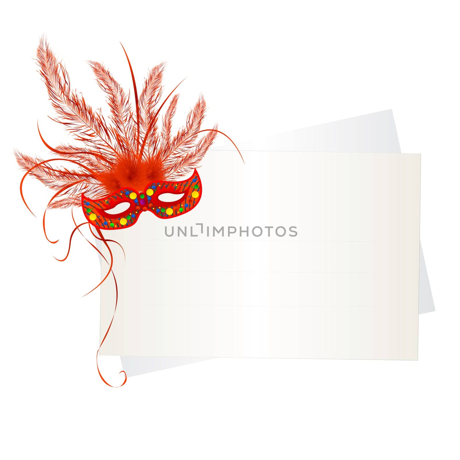 Mardi Gras mask and card on white background