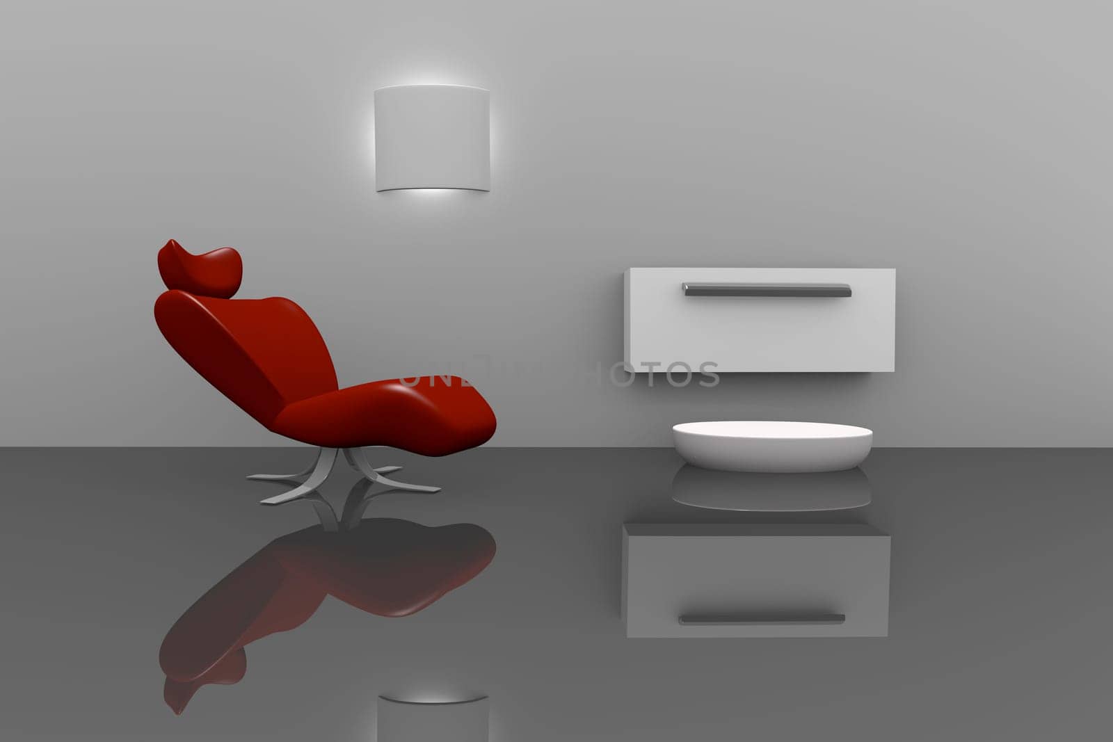 Modern interior with a red chair,3d image