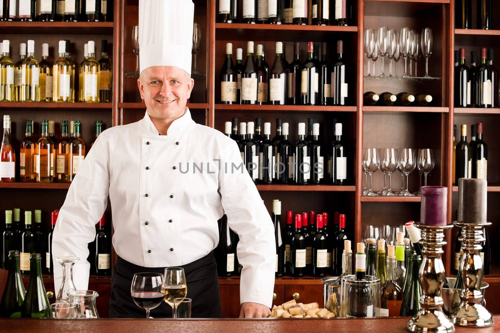 Chef cook wine bar professional standing confident in restaurant