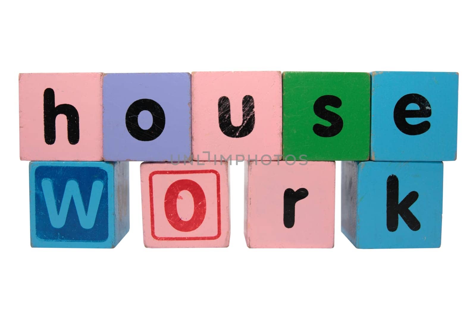 toy letters that spell housework against a white background with clipping path