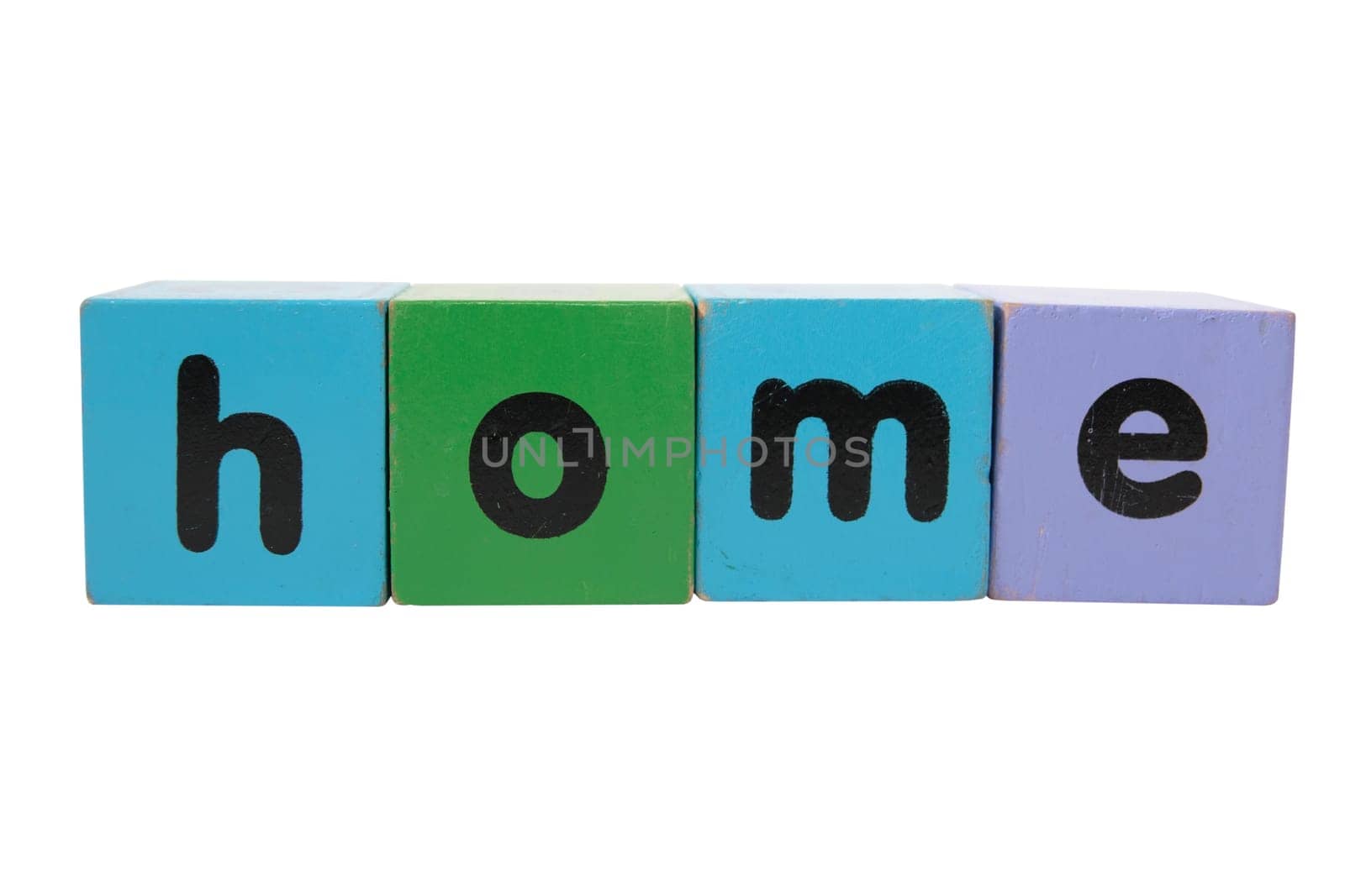 toy letters that spell home against a white background with clipping path