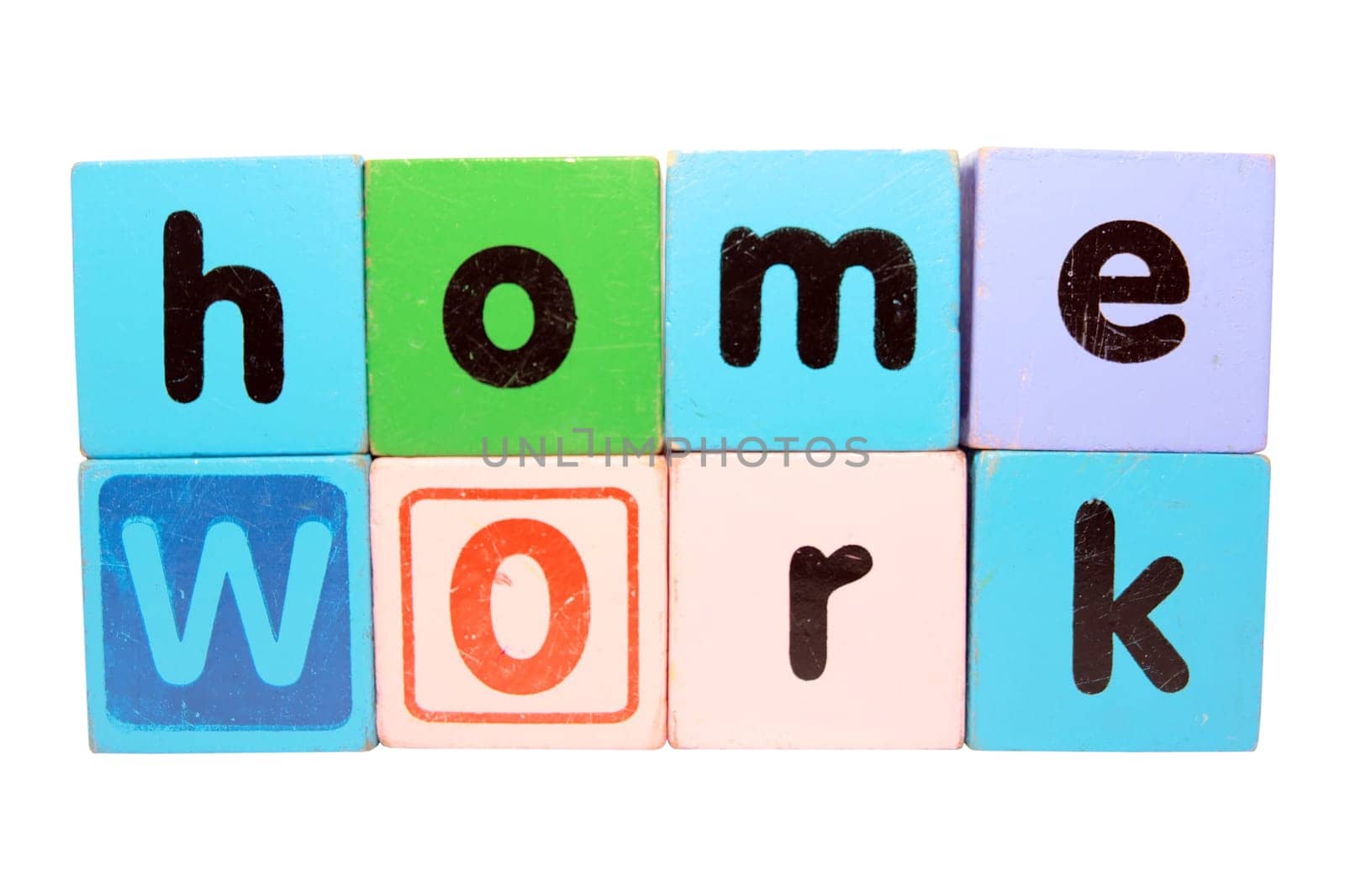 toy letters that spell homework against a white background with clipping path
