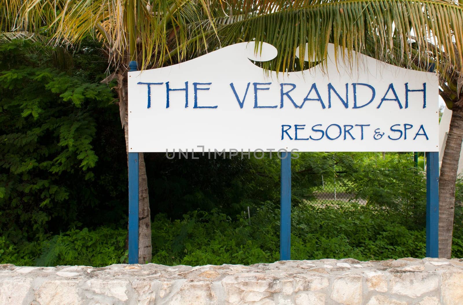 LONG BAY, WILLIKIES - AUGUST 20 2011: entrance sign at The Verandah Resort &amp  Spa (all inclusive hotel) on August 20, 2011 in Long Bay, ANTIGUA