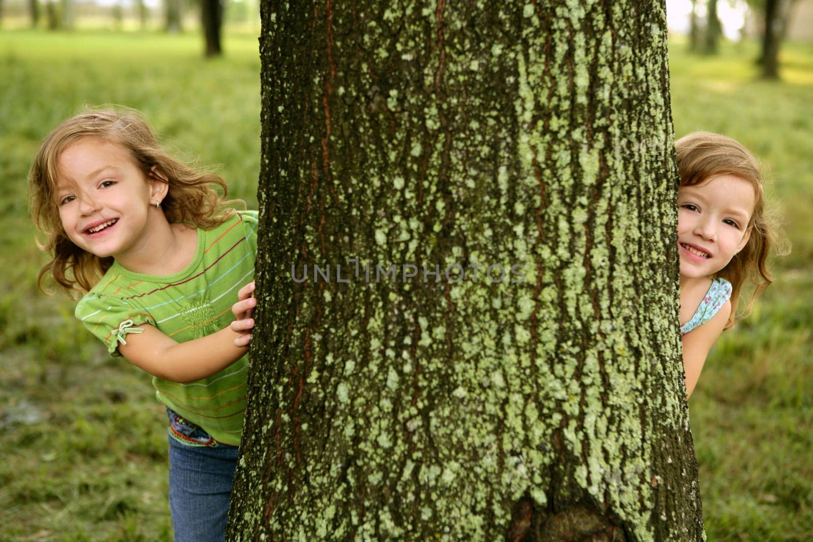 Two twin little sister girls playing on the park tree outdoor