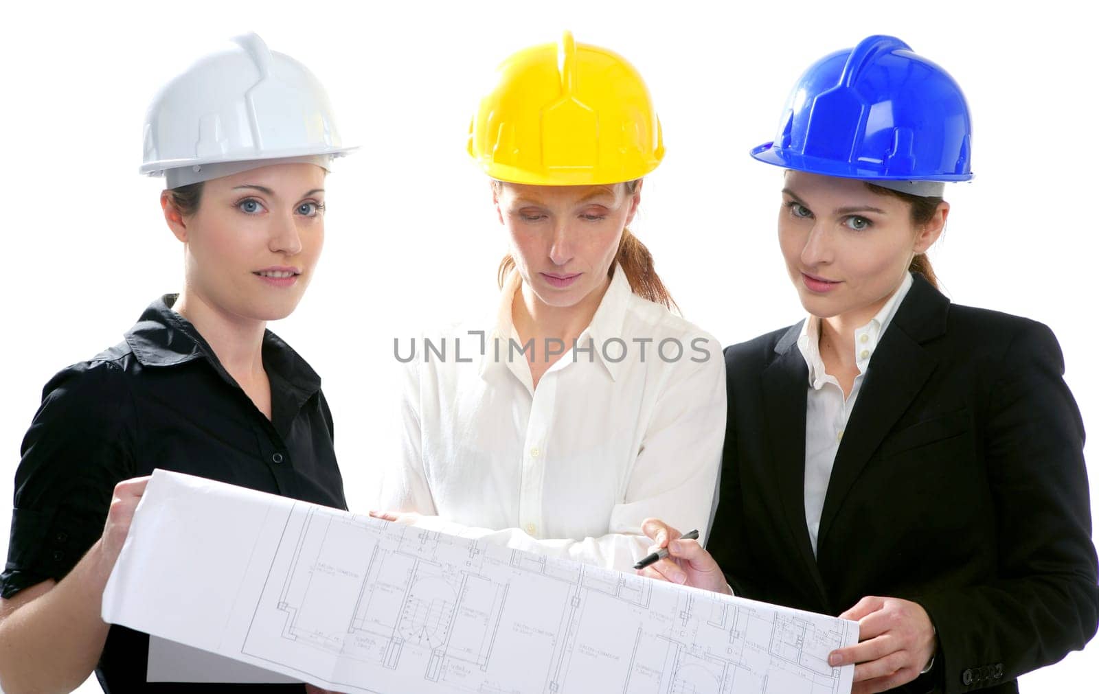 Architects woman working, isolated on white at studio