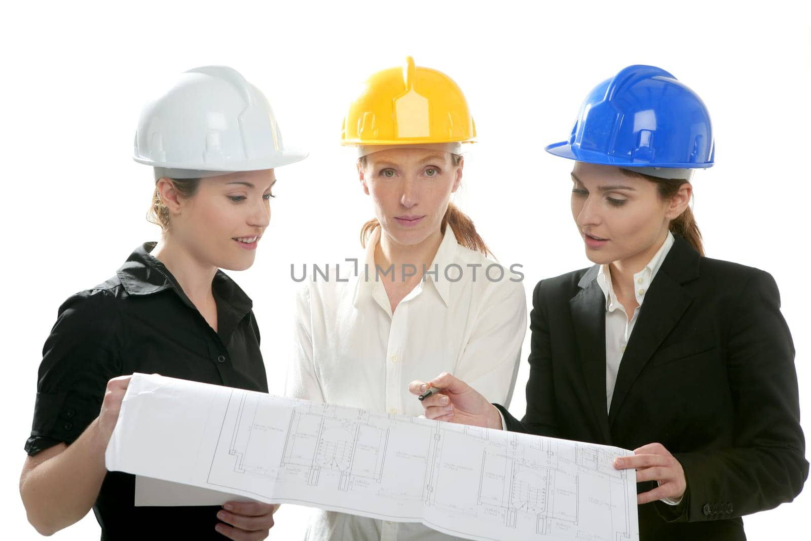 Architects woman working, isolated on white at studio