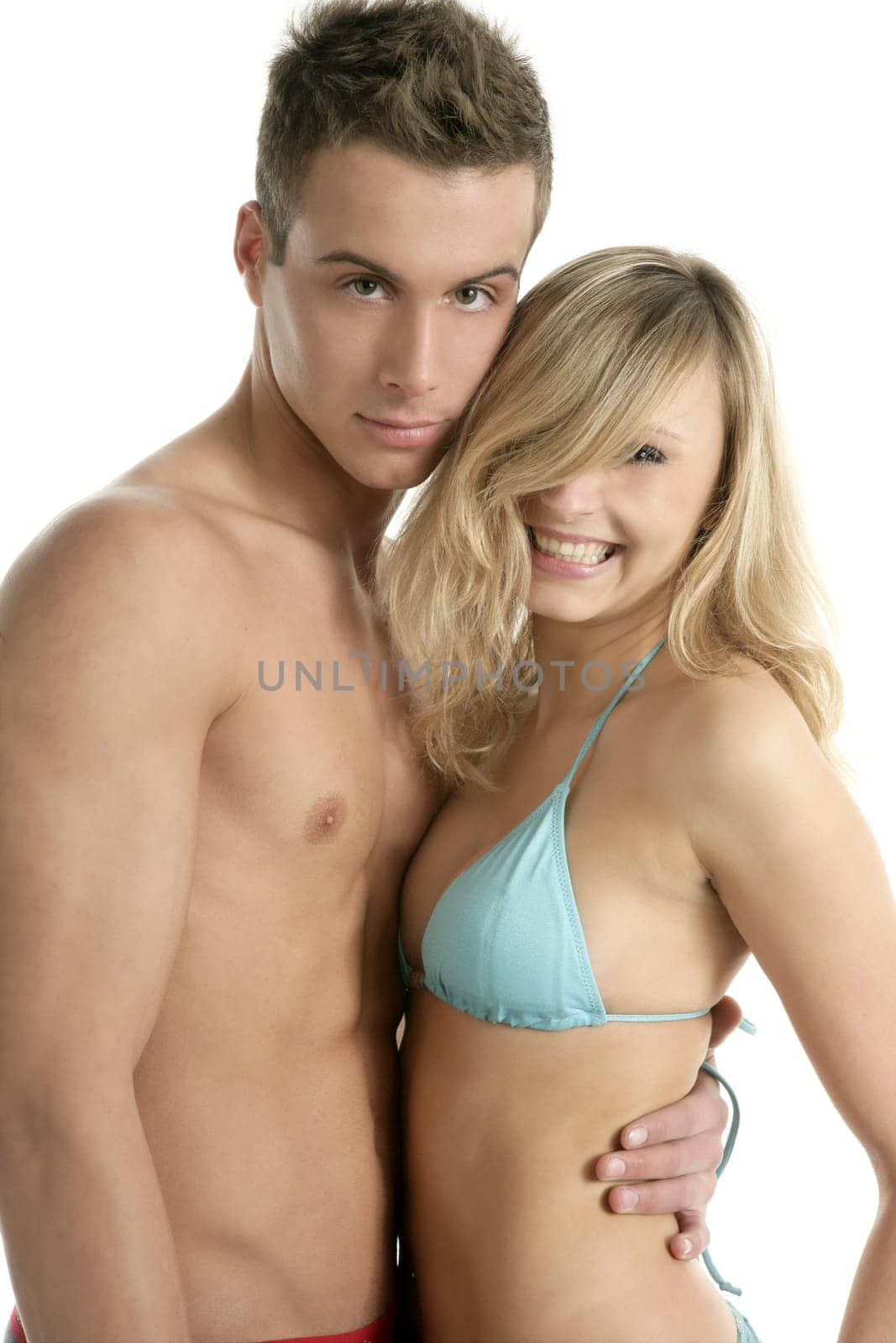 Young sexy passion beautiful couple hug isoalted on white