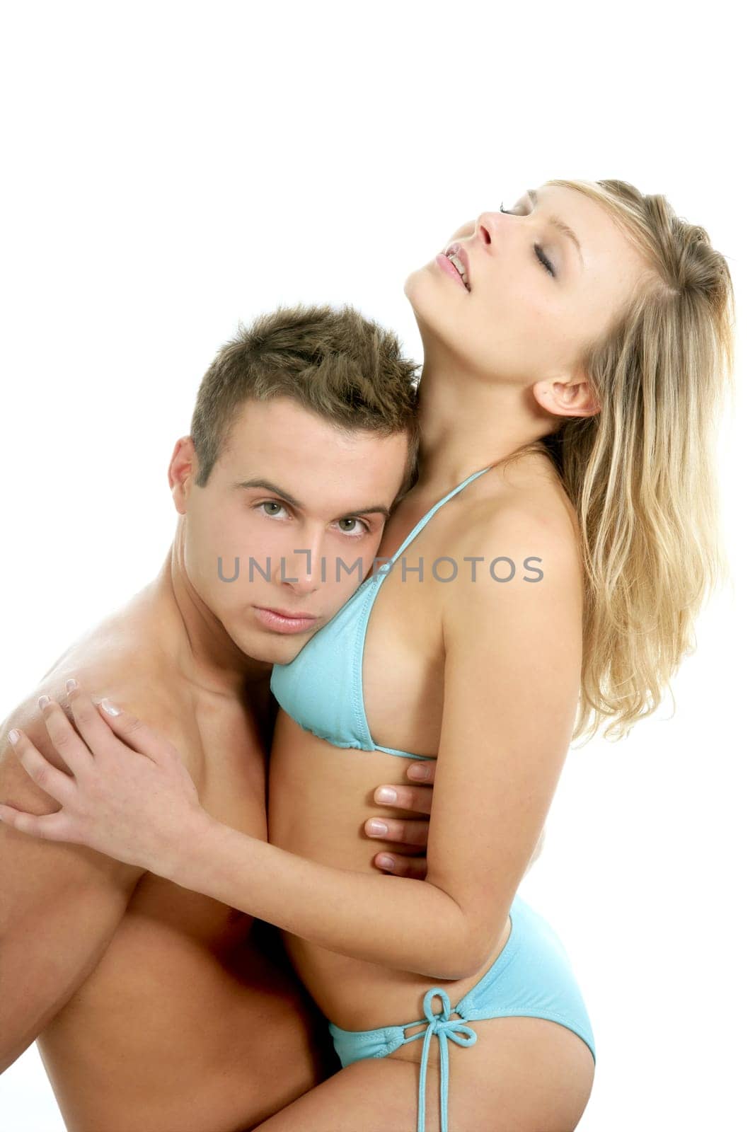 Young sexy passion beautiful couple hug isoalted on white