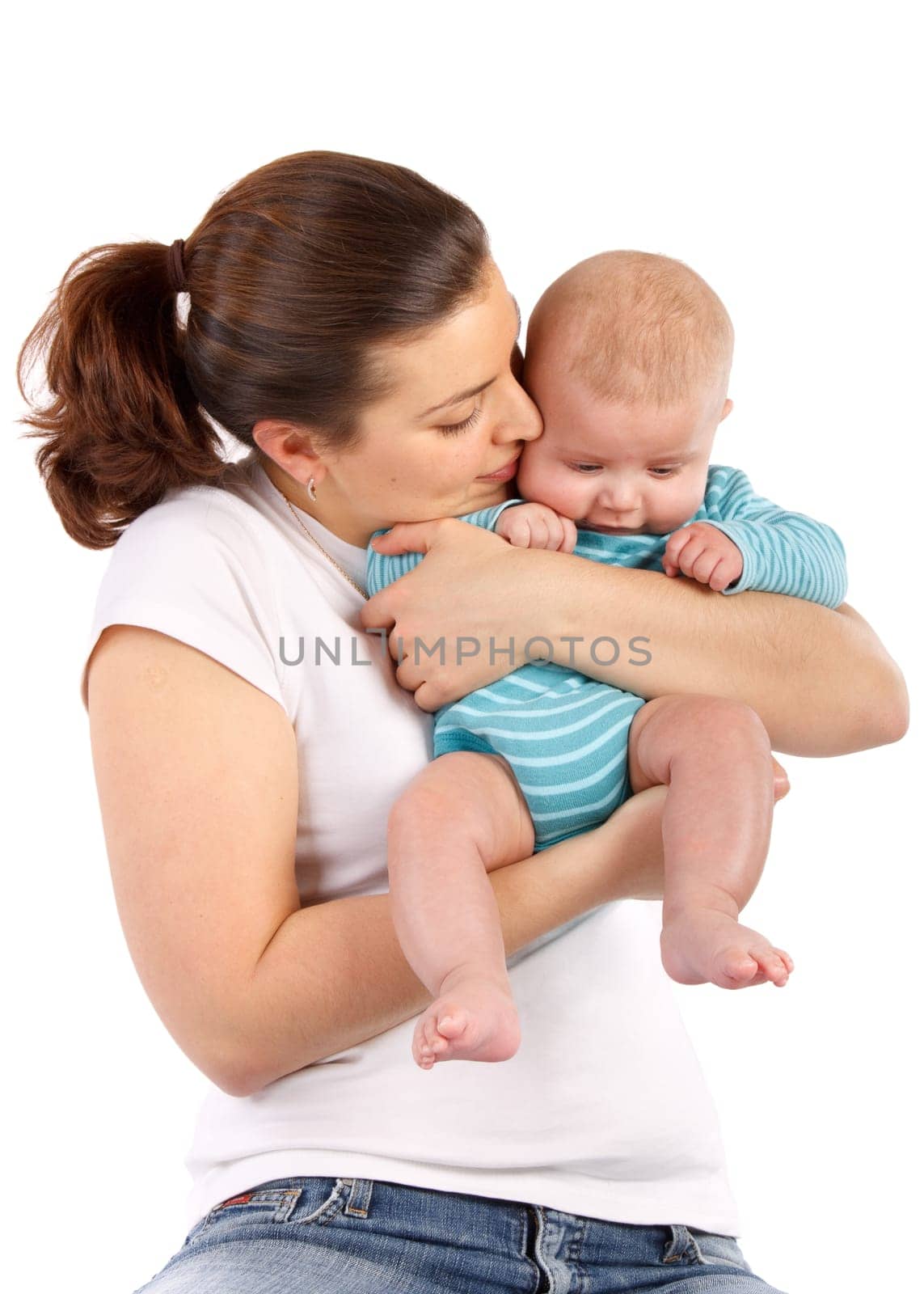 Happy mum plays with the small child a white background.