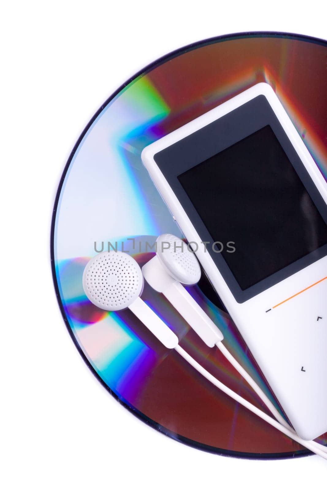 Modern MP3 player and CD disk on a white background. Close up.