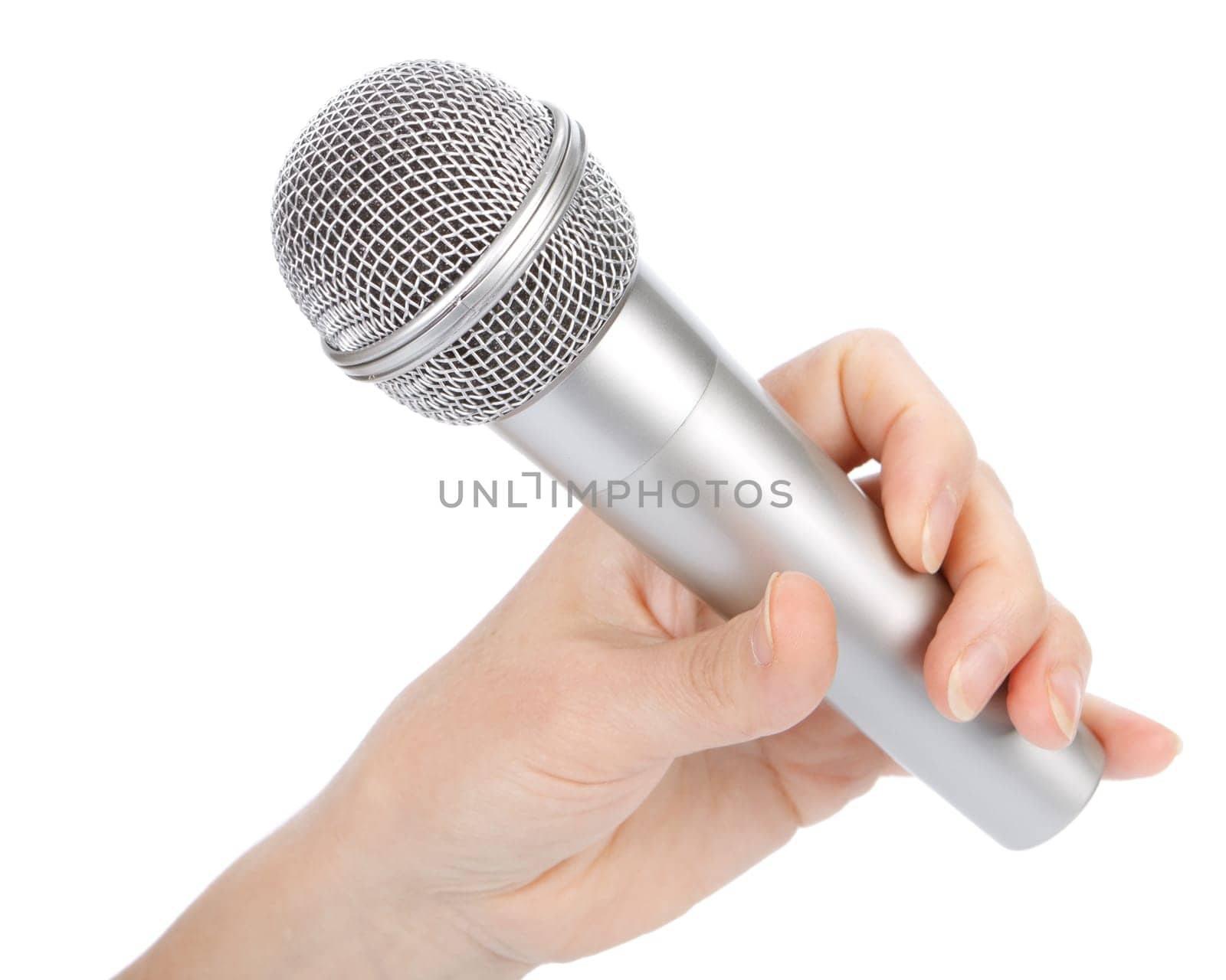 Silver microphone in a female hand on a white background.