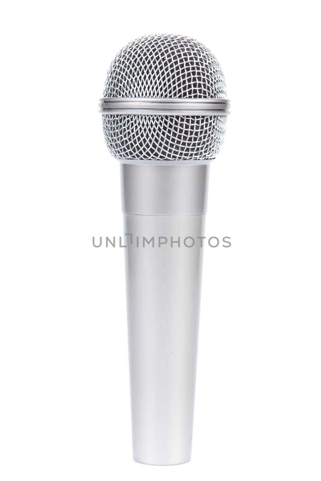 Silver microphone on a white background.