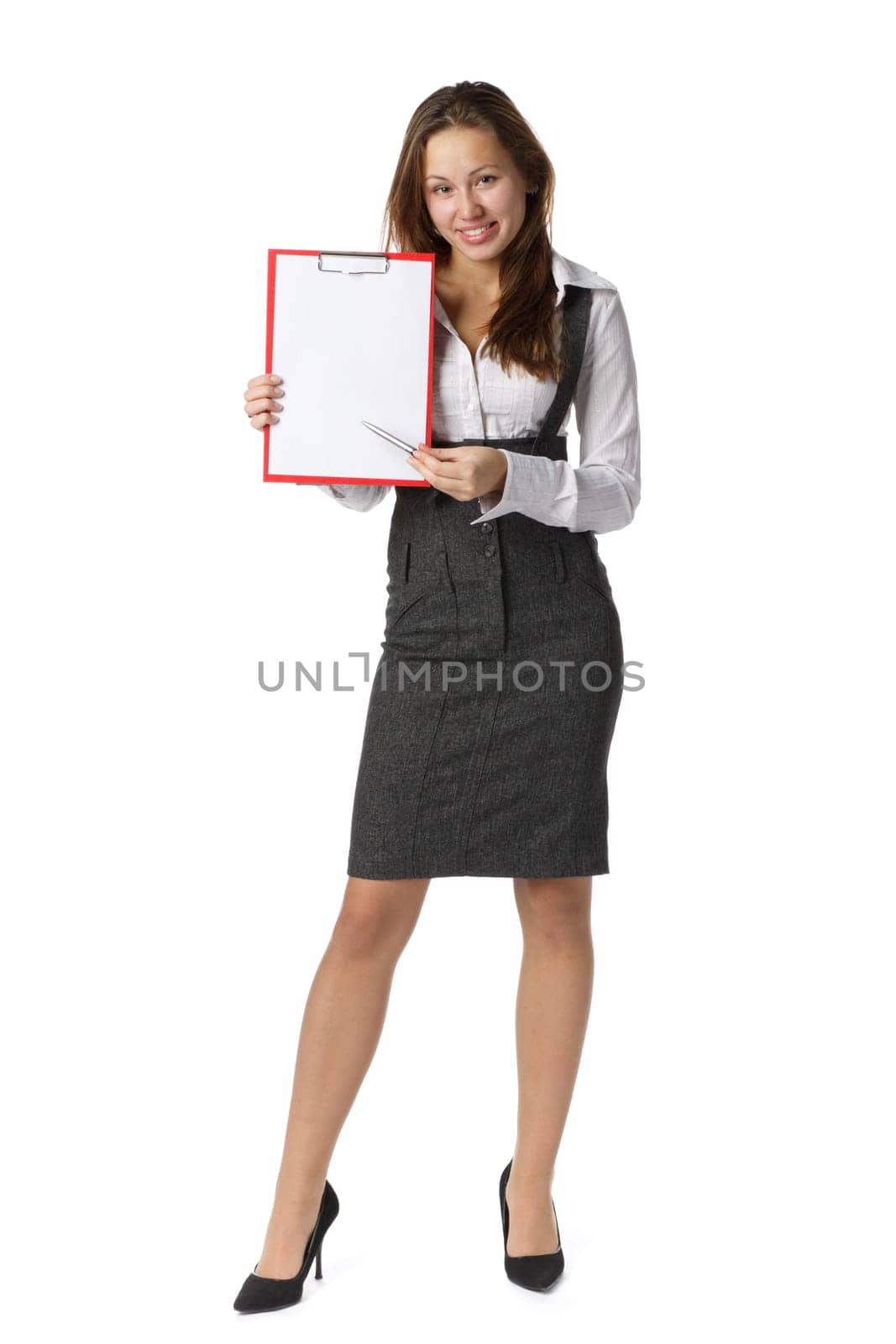 The beautiful blonde shows a blank clipboard on white a background