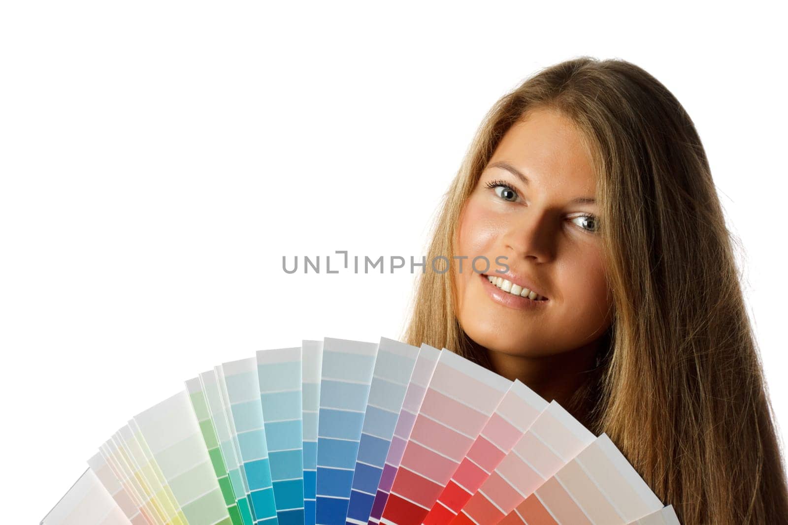 The beautiful girl with a color guide on a white background.