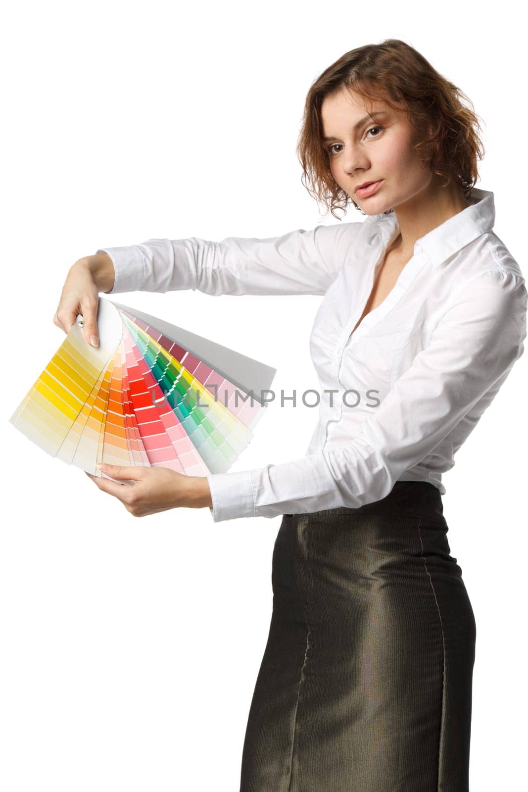 The beautiful girl with a color guide on a white background.