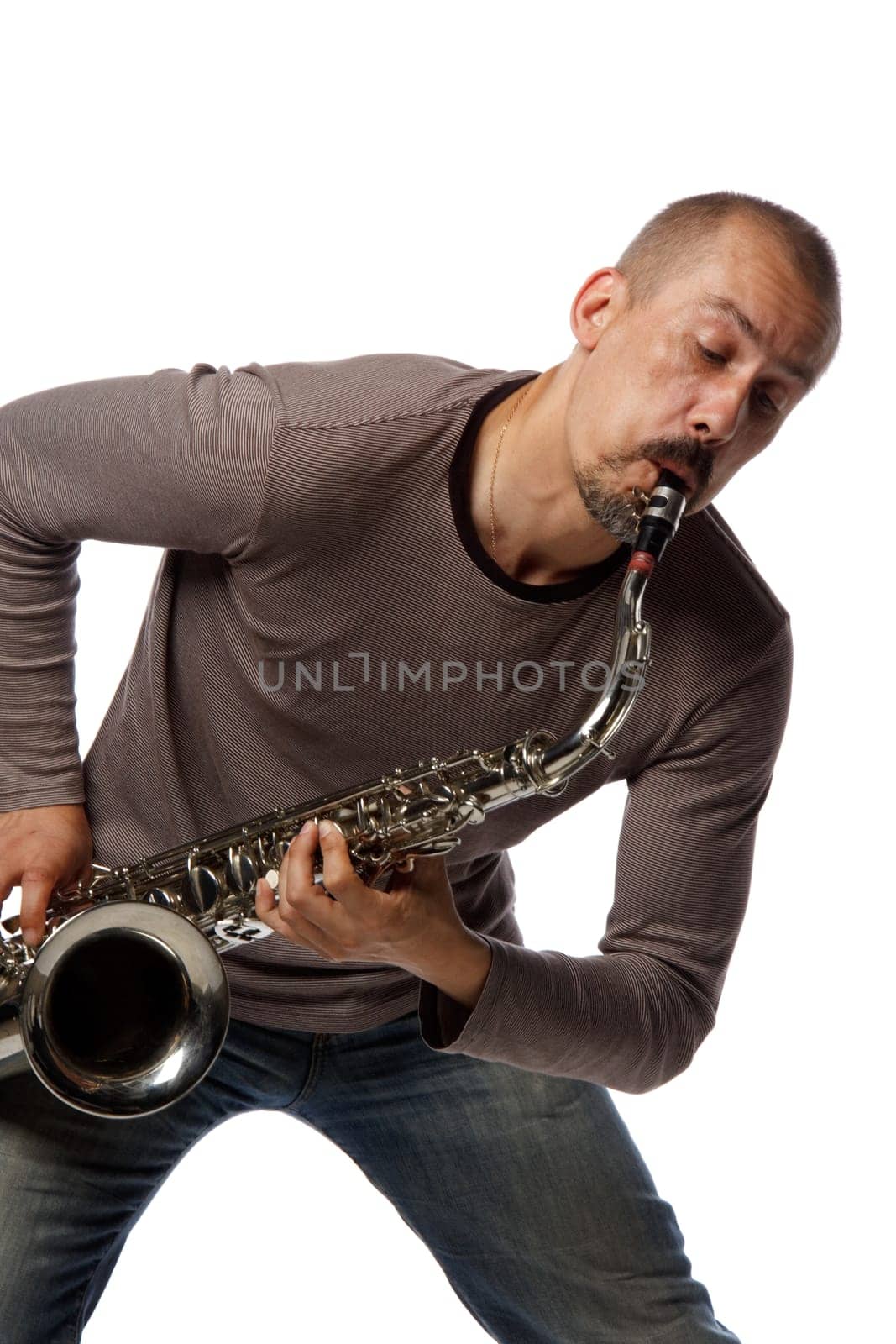 Man with saxophone on a white background