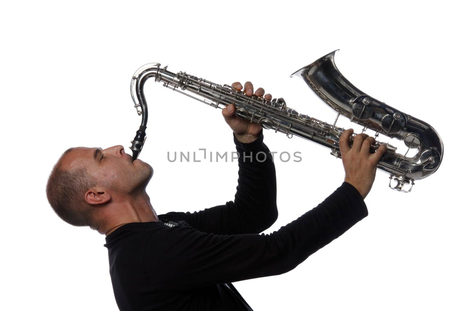 Man with saxophone on a white background