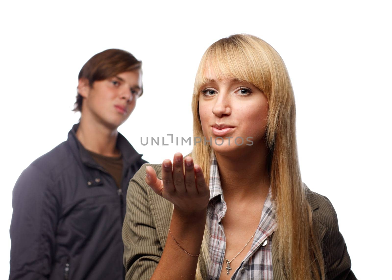 Young couple having problems with relationships on a white background.