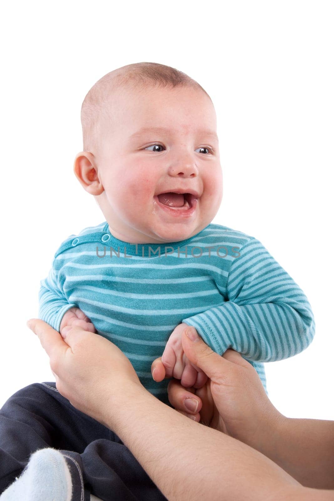 The nice small child in striped rompers on a white background.