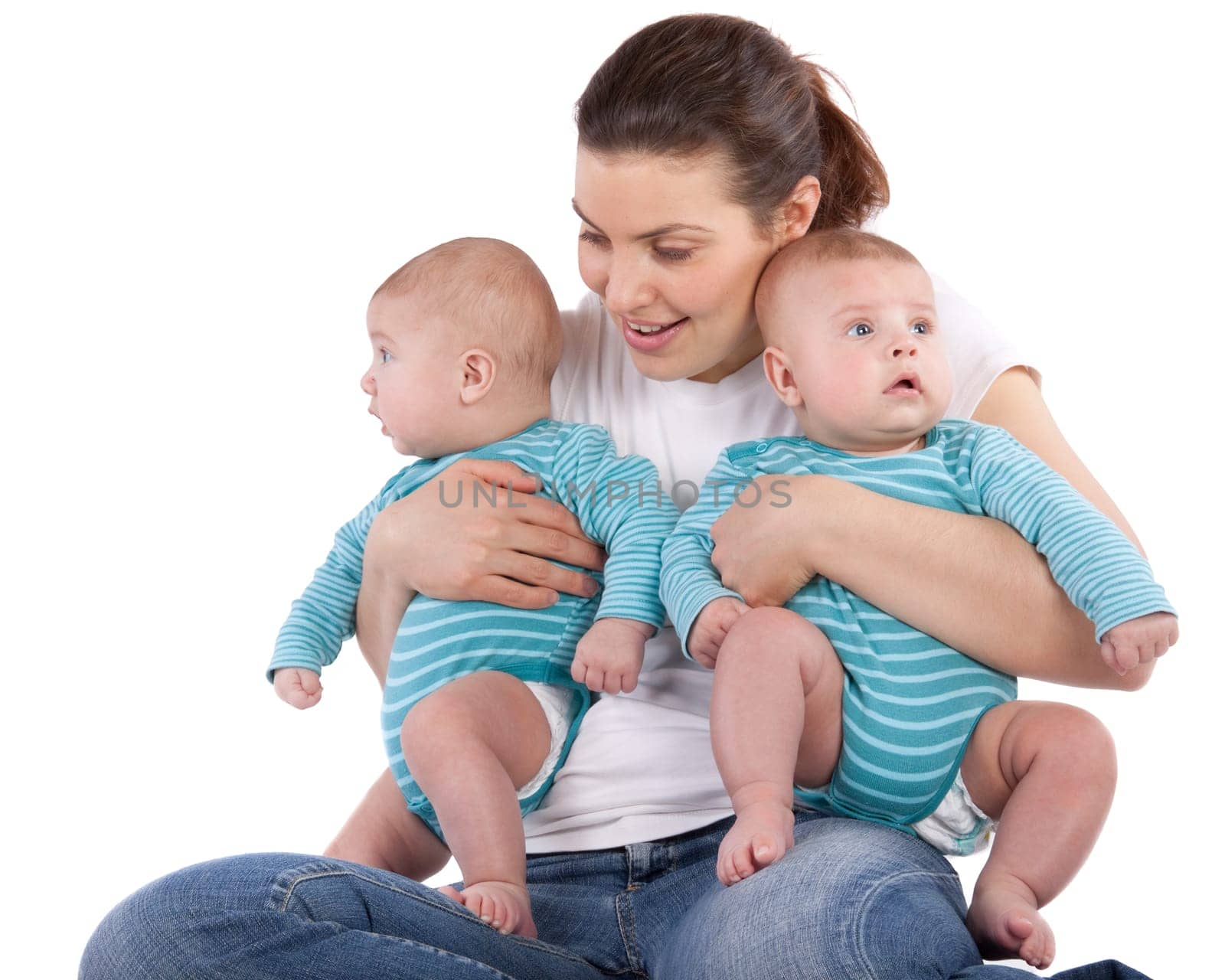 Happy young mother with two babies on a white background.
