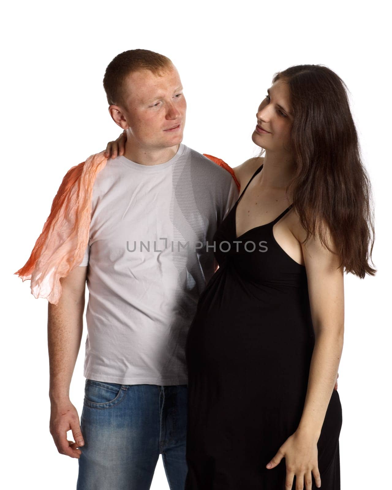The happy pregnant woman with the husband on a white background.