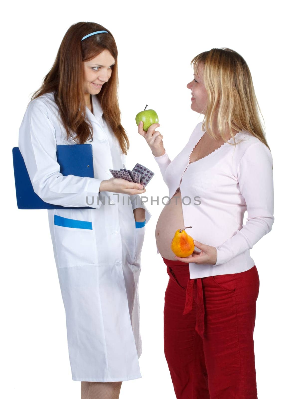 Pregnant female and doctor on a white background