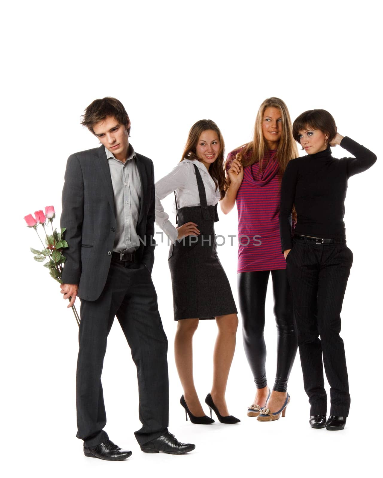 The young man with a bouquet and group of girls on a white background.