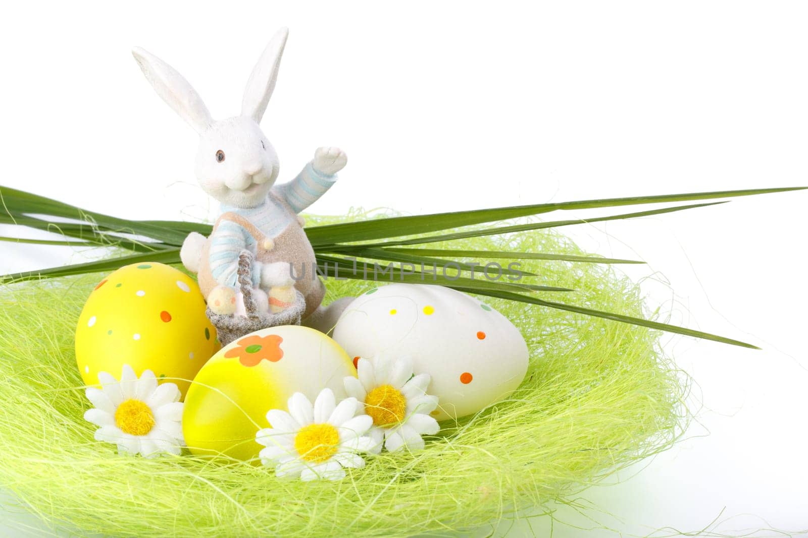 Decoration with various colorful easter eggs. Close up.