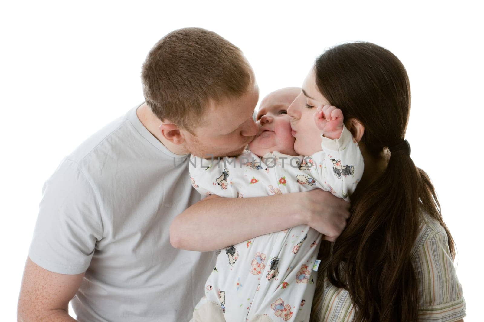 Happy family. Father, mother and sweet baby on a white background.