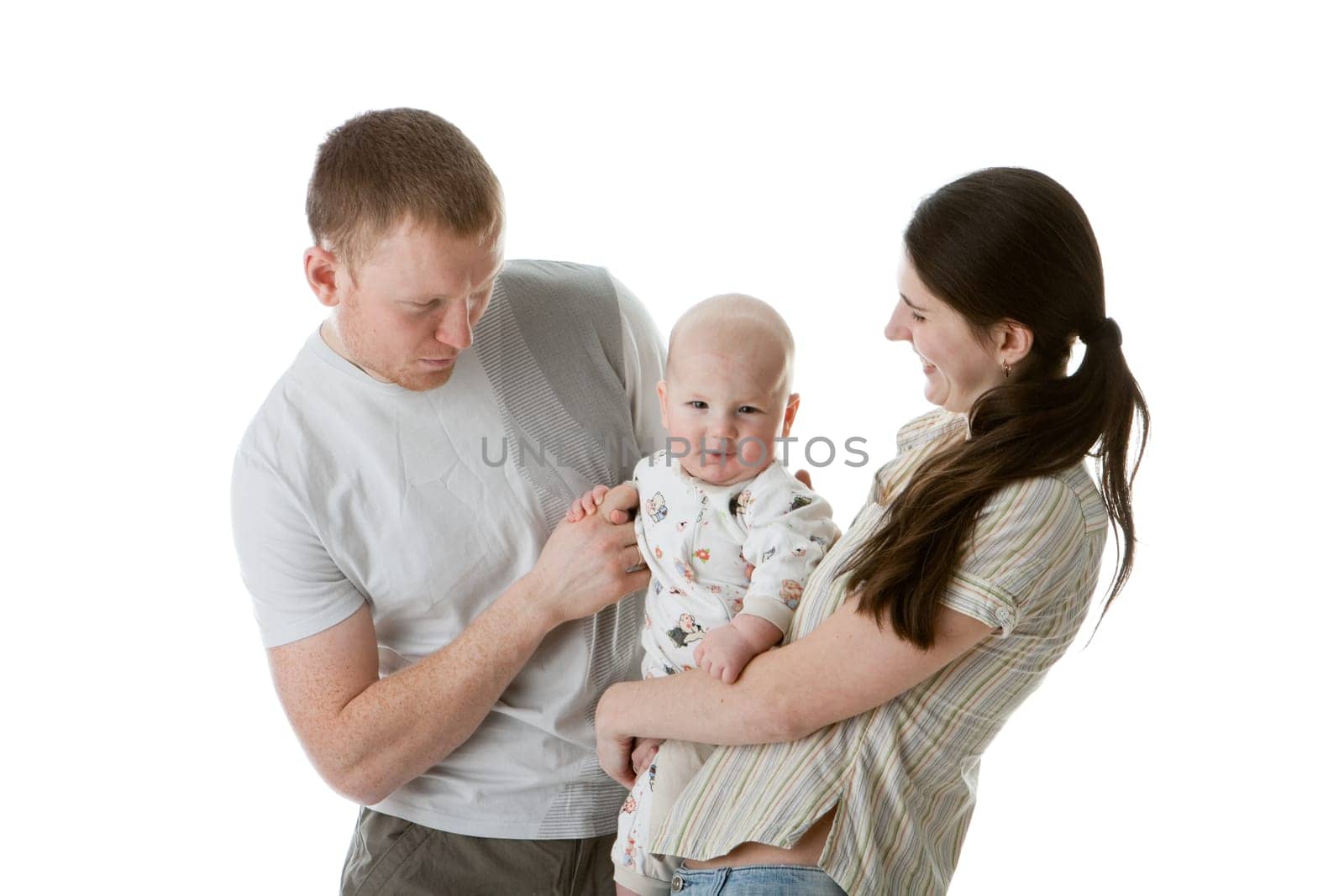 Happy family. Father, mother and sweet baby on a white background.