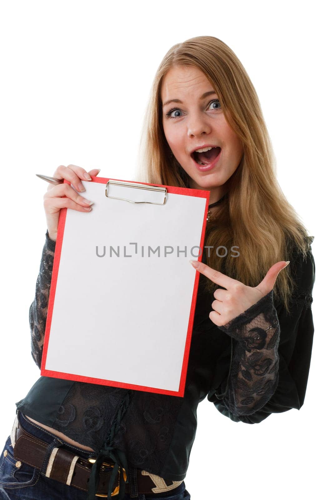 The beautiful girl stands with a clipboard and the pen in hands on a white background.