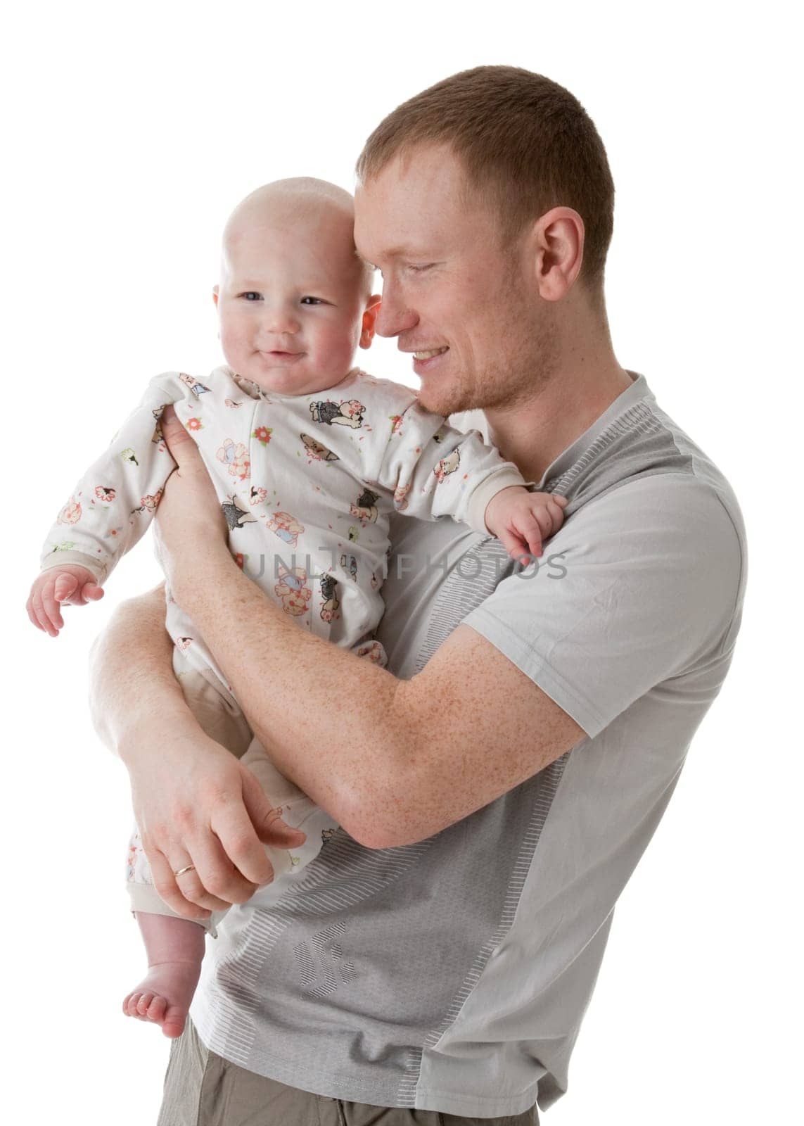 Happy family. Father and his sweet baby on a white background.