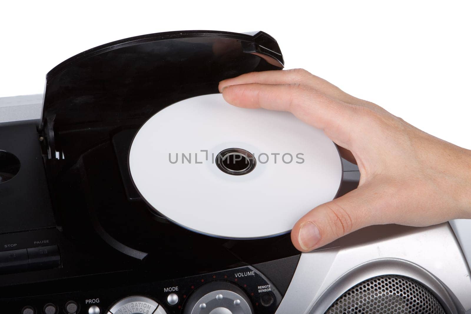 Open tray of CD-player on a white background