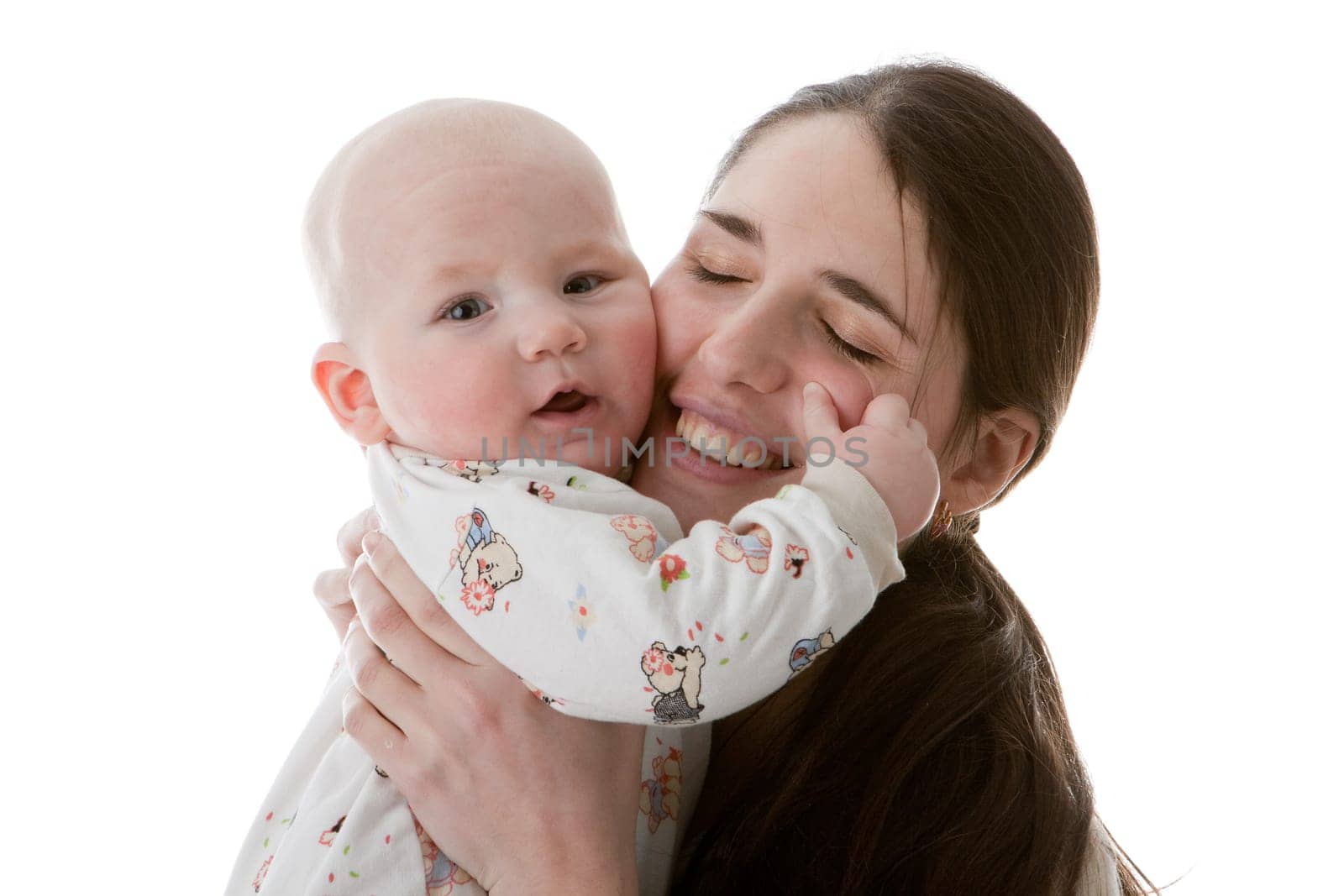 Happy family. Mother and her sweet baby on a white background.