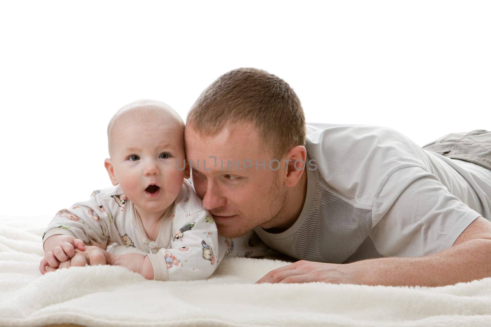 Happy family. Father and his sweet baby on a white background.